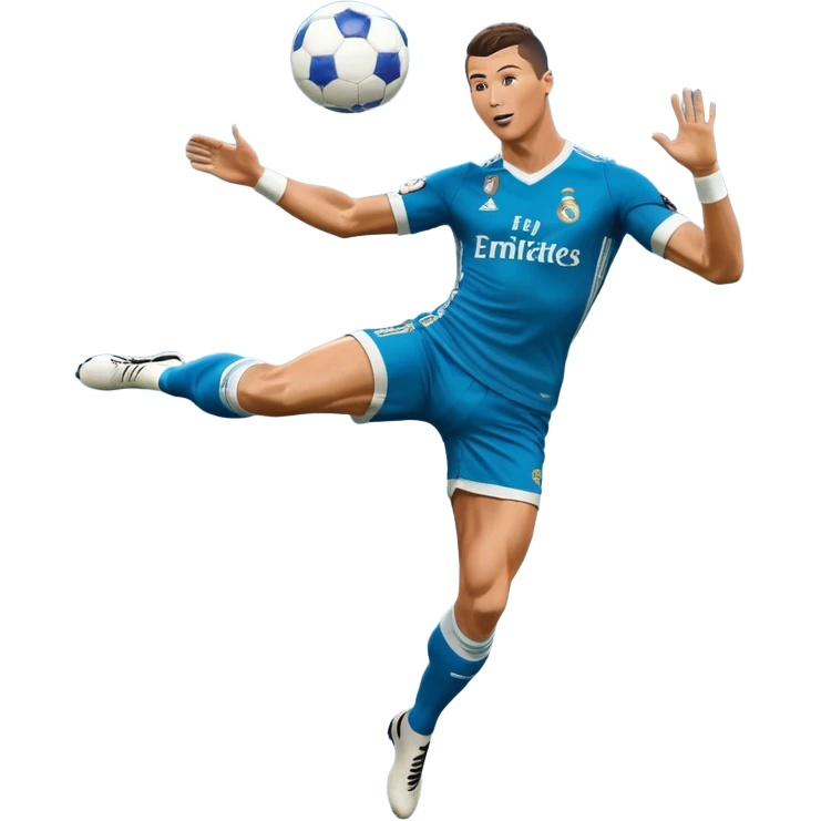 Ronaldo doing a bicycle kick with football in mid air While wearing a Retro blue Real madrid kit and yes i want it to be exactly the same as he Scored it in 2018 vs Juventus  emoji