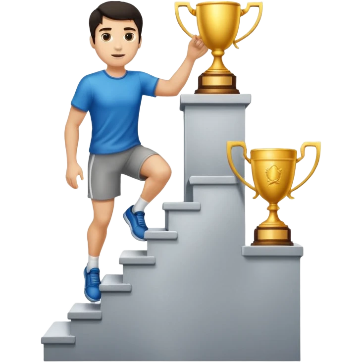 UN HOMBRE DE PIEL CLARA Y PELO OSCURO SUBIENDO ESCALERAS PARA ALCANZAR UN TROFEO QUE ESTA EN EL ULTIMO ESCALON emoji