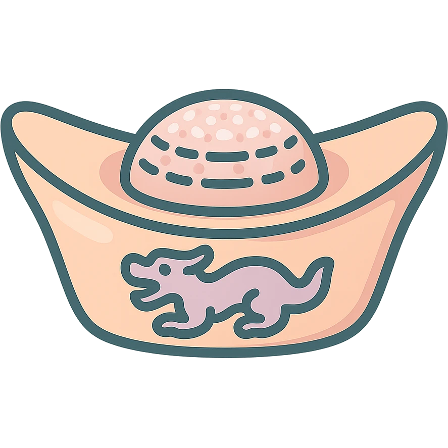 Create a variant of the Chinese gold ingot (yuanbao) with a dragon on the side, in icon-color-outlined style with shadows and highlights, thin clean contours, soft rounded shapes. Use a pastel palette: #98B5BC, #B5B3C1, #C9A3C9, #E4C0CA, #F7DCD1, #F7C0AA. Modern Japanese pop-art and sticker aesthetics, high detail, vector sharpness, soft lighting, transparent background. Shape as in the reference. emoji