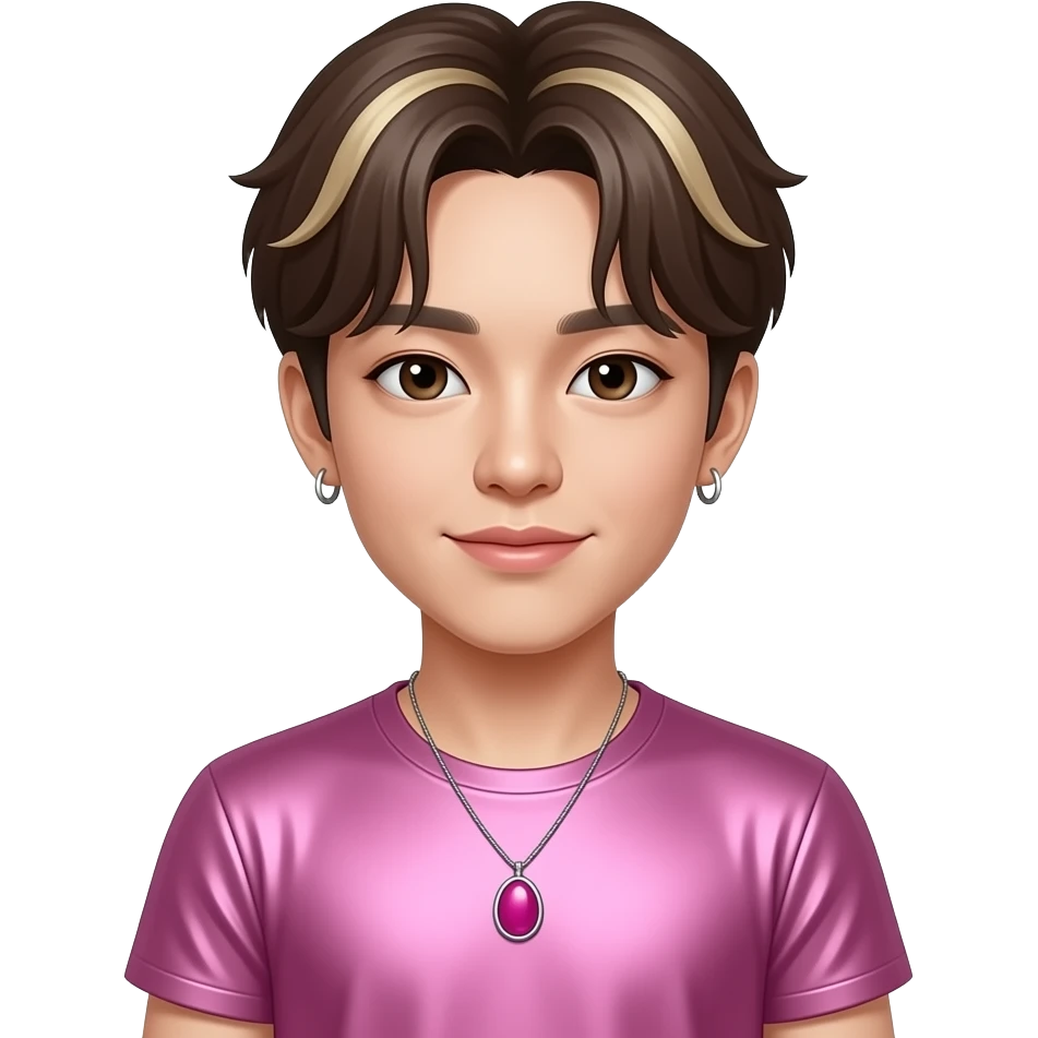 Tae Young from 4*Town with white skin, dark brown eyes, dark brown and blonde hair, pink metallic t-shirt, magenta necklace and short earrings emoji