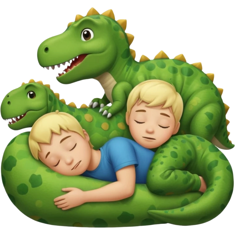 Blond boy sleeping with green pillow with dinosaur emoji