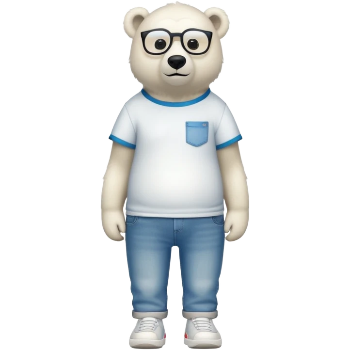 friendly anthropomorphised polar bear standing upright, looking relaxed, wearing a shirt, jeans, trainers, oversized multicolored extravagant glasses emoji
