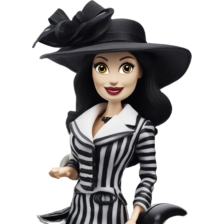 Kentucky Derby Barbie, 1910 Morticia Addams from academy, in dark-gray and black striped outfit with hat. Smiling Driving Mercedes convertible sports car. Pale-white porcelain skin.  emoji