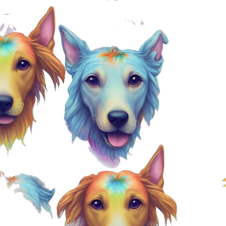 Multicolored rainbow retro groovy tie dye hippie trippy floral patterns on a metallic holographic iridescent blue dog face head unicorn emoji