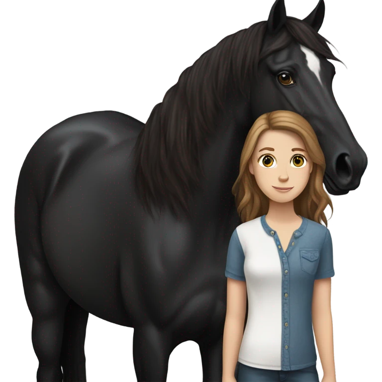 White girl brown hair standing with black horse emoji