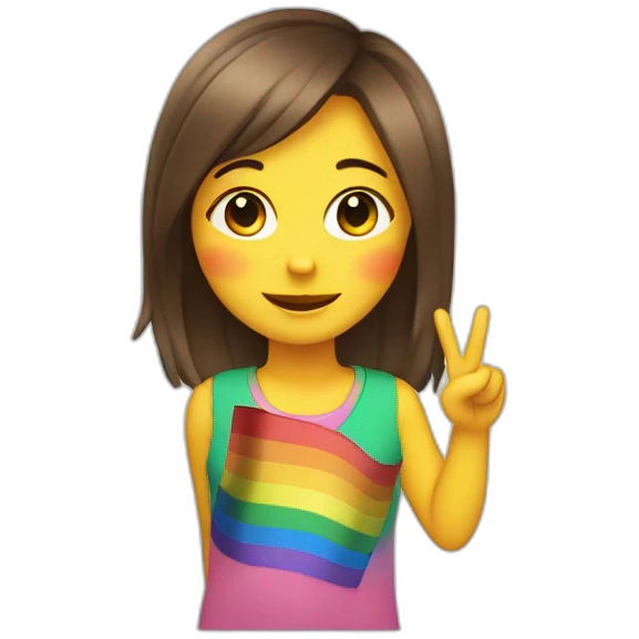 Girl with rainbow flag in the back doing a peace sign and a winky face emoji