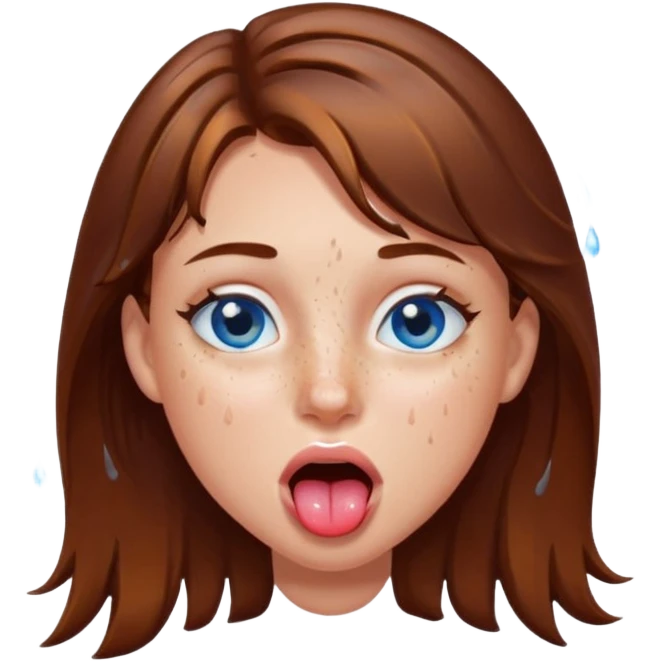 Girl with brown hair, blue eyes, a wet face and her tongue out emoji
