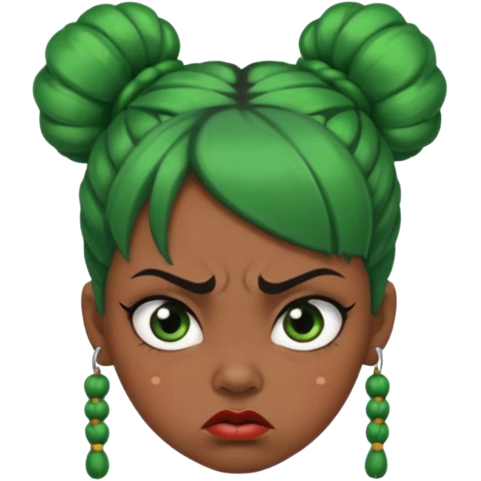 Create a 3D cartoon-style girl character with dark skin, round face, angry expression, big wide eyes, and tightly styled double buns made of green beaded hair. The girl should look irritated, eyebrows sharply angled, and lips pressed in a frown. emoji