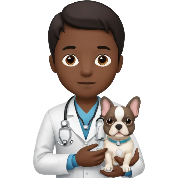 joven médico con el pelo un poco largo pero no tanto y lacio, que tenga un estetoscopio de color de piel tez negra calida !!! que sostiene un bulldog francés blanco emoji