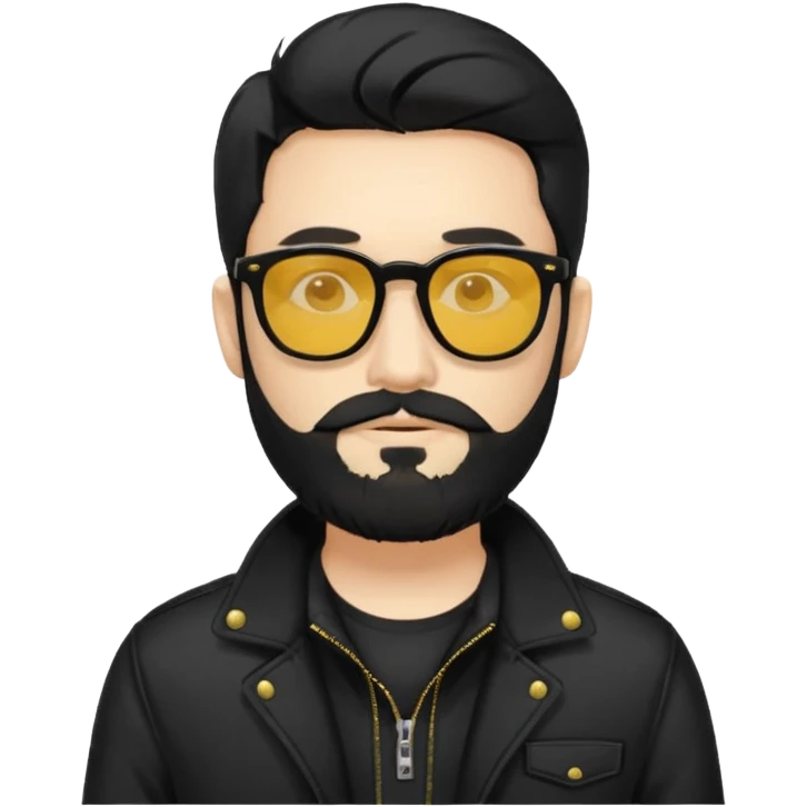 A man White middle long middle part black hair sunglasses with yellowish glasses And black jacket. Hipster black beard emoji