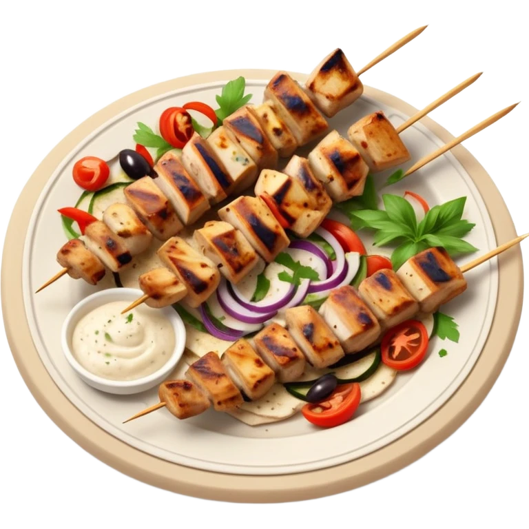 cinematic-realistic-souvlaki-dish-emoji,-showcasing-skewered,-2 grilled-chicken-with-mediterranean-spices-rendered-with-dynamic-textures-and-warm,-appetizing-lighting on pita bread on a plate emoji