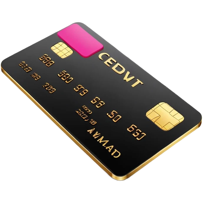 Black sleek credit card with gold chip and hot pink embossed numbers, minimal design, no logos, soft 3D style. emoji