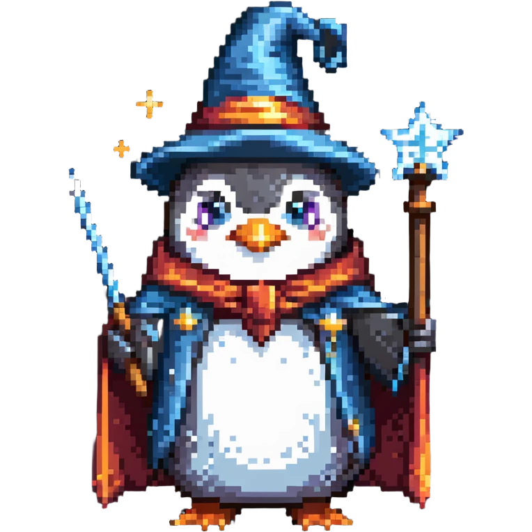 penguin wearing wizard hat and robe holding a magic wand emoji