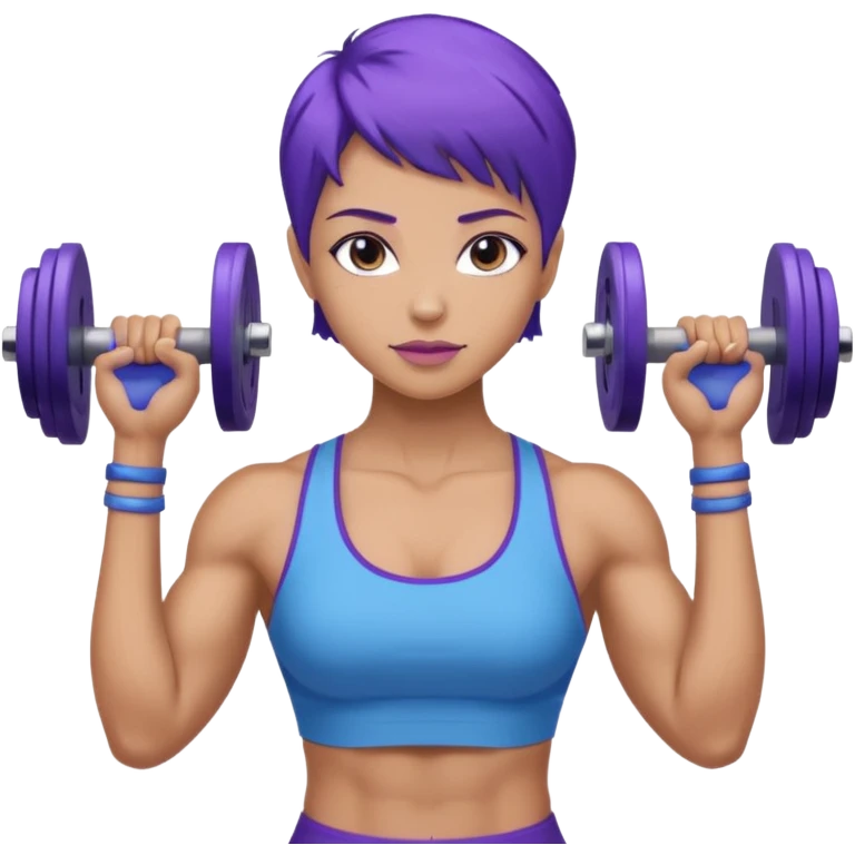 weight lift woman short blue purple har muscles bar is not growing from head emoji