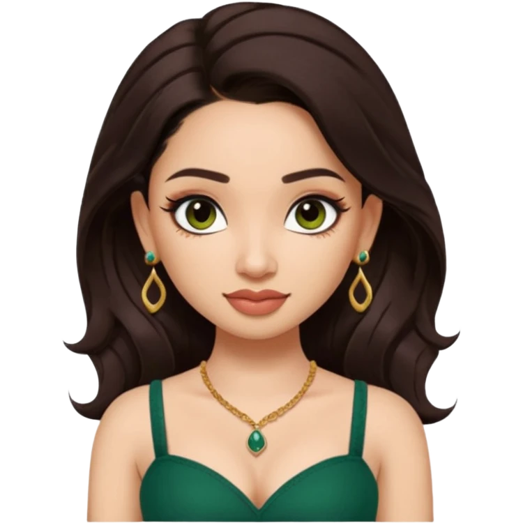 pretty bratz genmoji that looks like tamannah bhatia (bollywood actress), wearing a dark green sweetheart neckline top, dark brown hair, light makeup, no necklace, dangly earrings, side hair part, dark brown eyes, with tattoos emoji