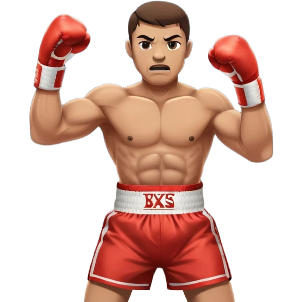 An icon showcasing a boxer in the ring, fists raised and ready for action. The background features a boxing arena with bright lights, a cheering crowd, and the ropes of the ring. The boxer's intense focus and powerful stance highlight the strength and determination of the sport.  emoji