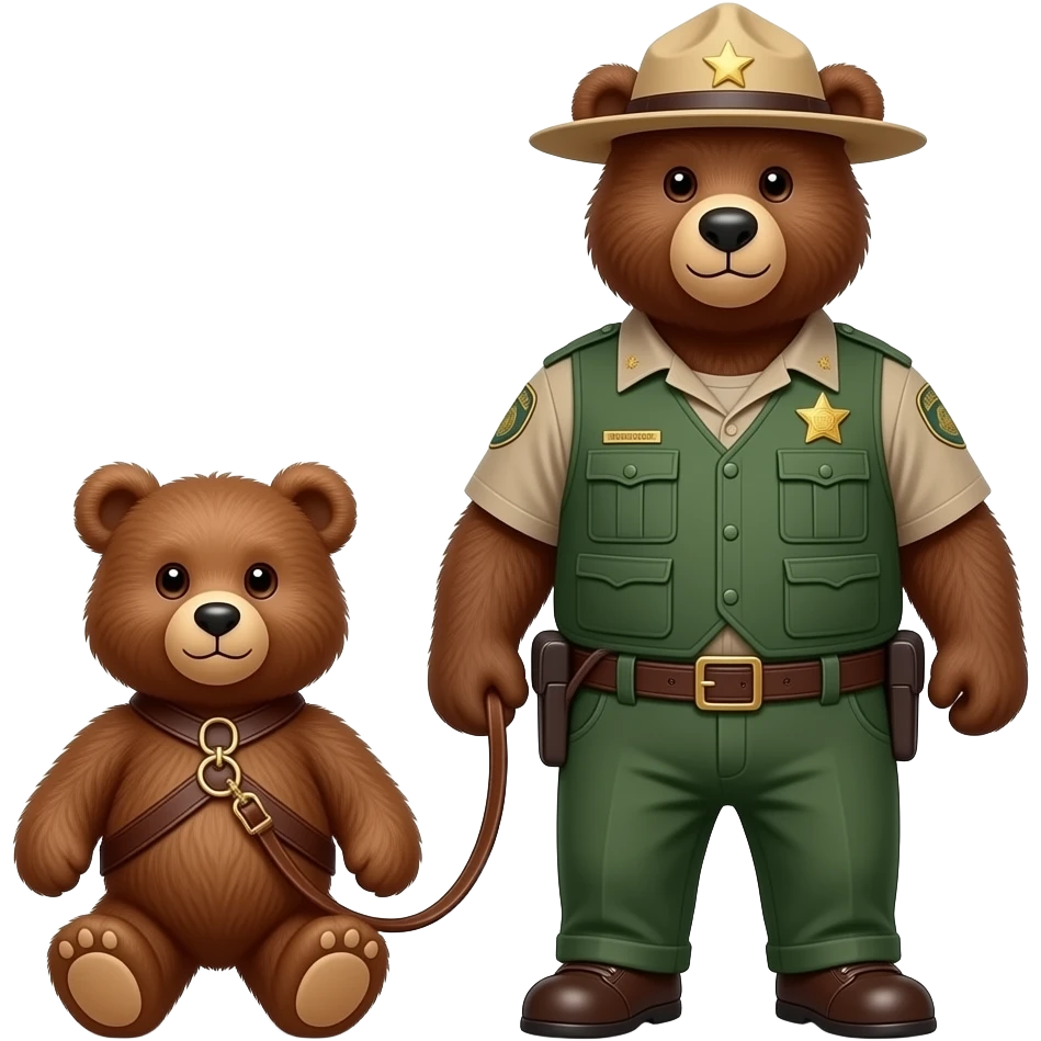 smokey the bear on all fours as a teddy bear being walked on a leash in a leather harness by a larger park ranger bearbear emoji