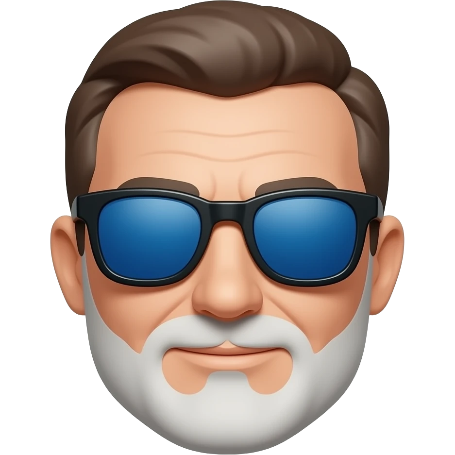 Hombre 63 años pelo muy corto marrón con canas gafas de sol cristales azules azules que no se vean  los ojos con montura negra y barba blanca muy muy corta emoji