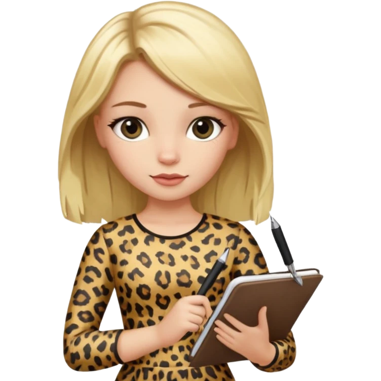 Blond hair girl with a leopard print dress and black leggings holding a note book and a pen emoji