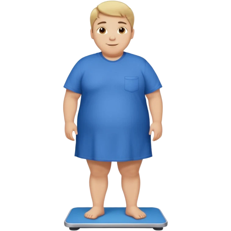 A young male with short dark-blonde hair and medium-light skin, only slightly overweight. He stands on a scale with a relieved, happy expression after noticing weight loss. He wears blue cloth, his posture relaxed with a gentle smile. emoji