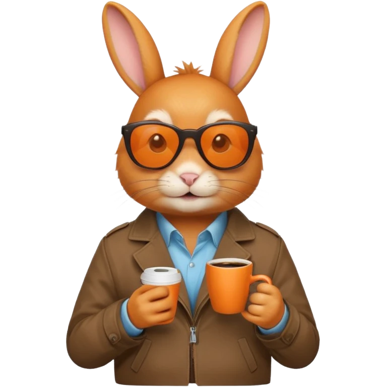 Orange rabbit, wearing brown jacket, sunglasses, holding coffee mug emoji