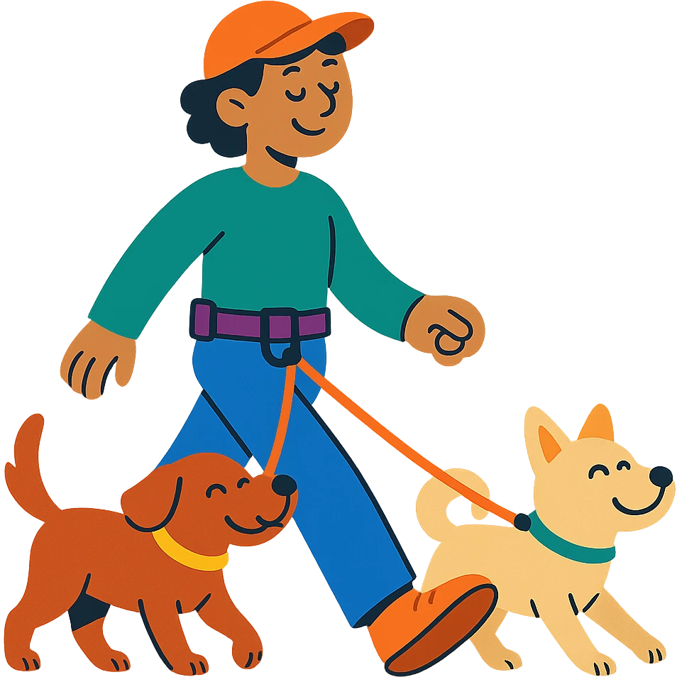 happy person walking two dogs with organized leashes, wearing a multifunctional collar adjusted to the waist, hands free, feeling of tranquility and order, vibrant and friendly style emoji