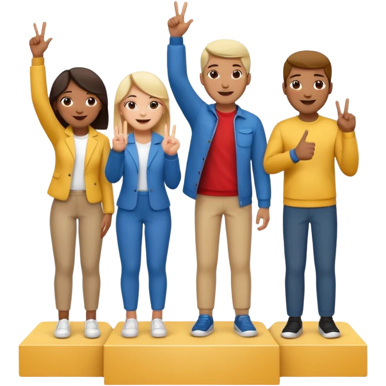 winners podium with three multi-racial people, center step higher, no numbers, all in relaxed fun clothes, center person raising one finger on each hand, left person raising two fingers on each hand, right person raising three fingers on each hand, cheerful expressive emoji style emoji