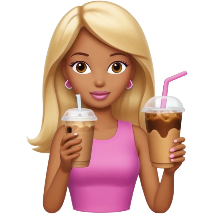 Brown skin blonde hair Barbie drinking iced coffee emoji