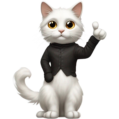 Long haired White cat with black and brown areas standing on hind legs like puss in boots giving middle fingers with both front paws  emoji