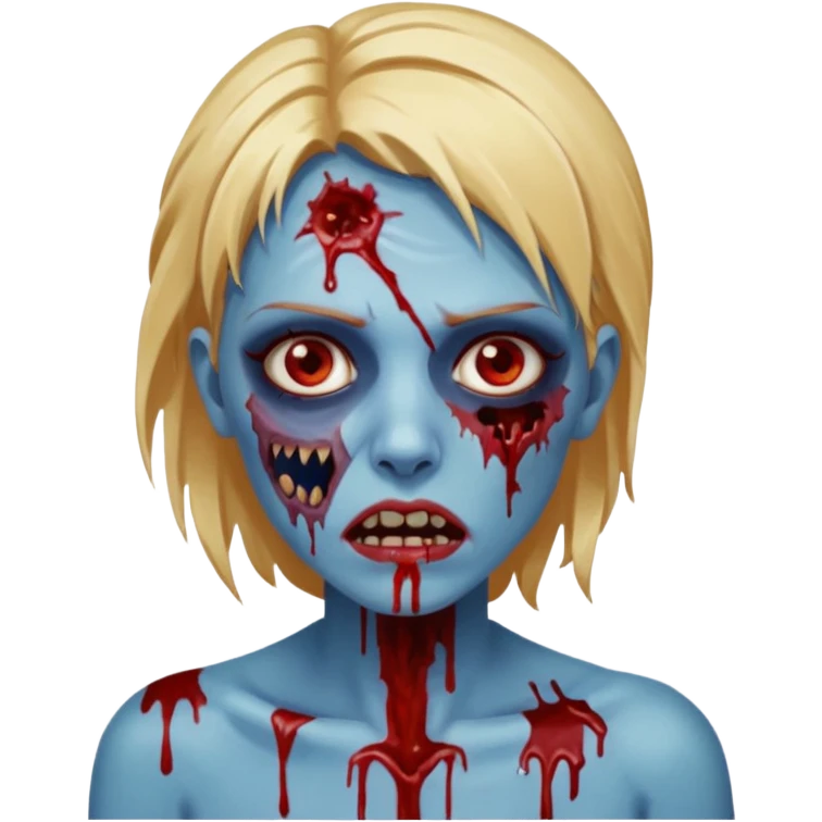 zumbi feminino com cortes no rosto, olhos baixos e vermelhos, cabelo loiro e rosto azul escuro, boca e olhos sangrando cm fundl azul e mais sangues possível emoji