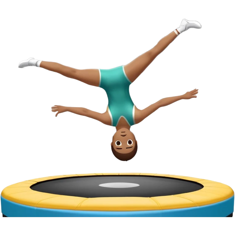 An athletic person soaring high above a trampoline, executing an acrobatic flip with perfect form. The scene captures motion and energy, with a dynamic pose, stretched limbs, and a focused expression. The background suggests a professional trampoline arena with safety padding. emoji