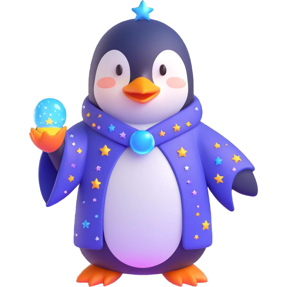 penguin wizard with a starry robe and magical aura in 3D style emoji