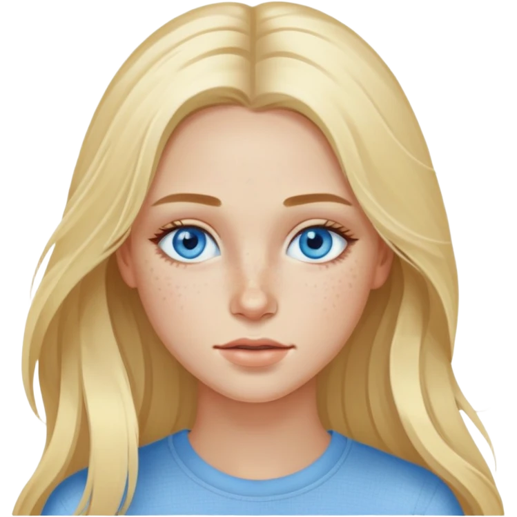 Blond model, with blue eyes, long hair , with freckles under her eyes emoji