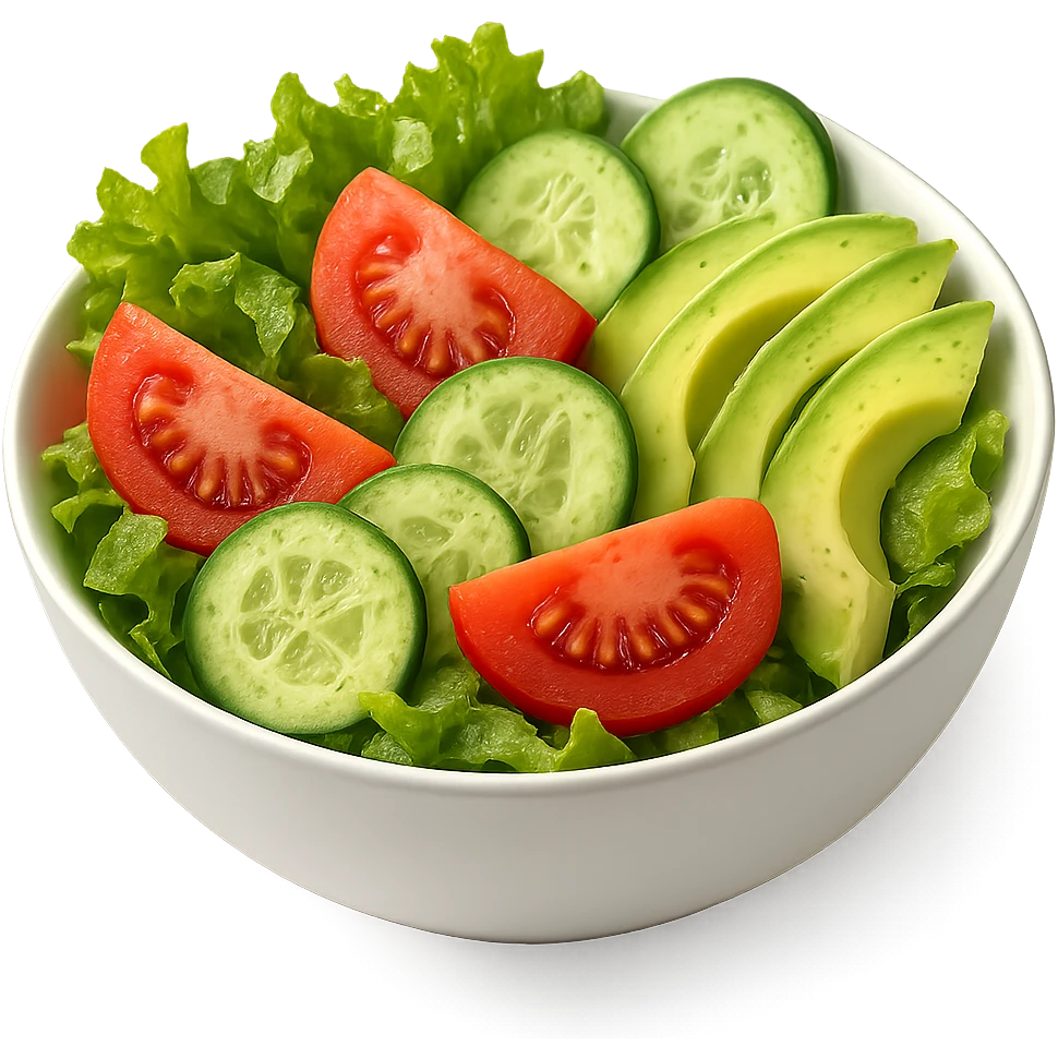 vibrant salad with lettuce, tomato, cucumber, and avocado slices in a minimalist white bowl, emphasis on freshness and color emoji