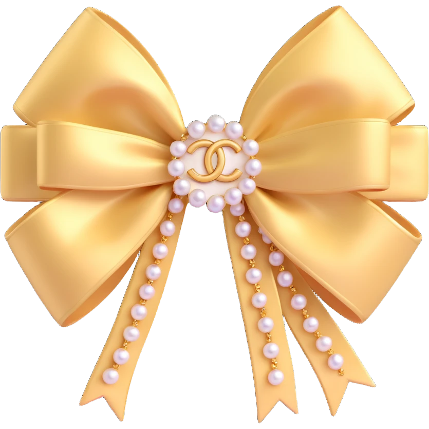 elegant bow with pearls and gold Chanel logo, sparkling effects, glossy, monochrome emoji