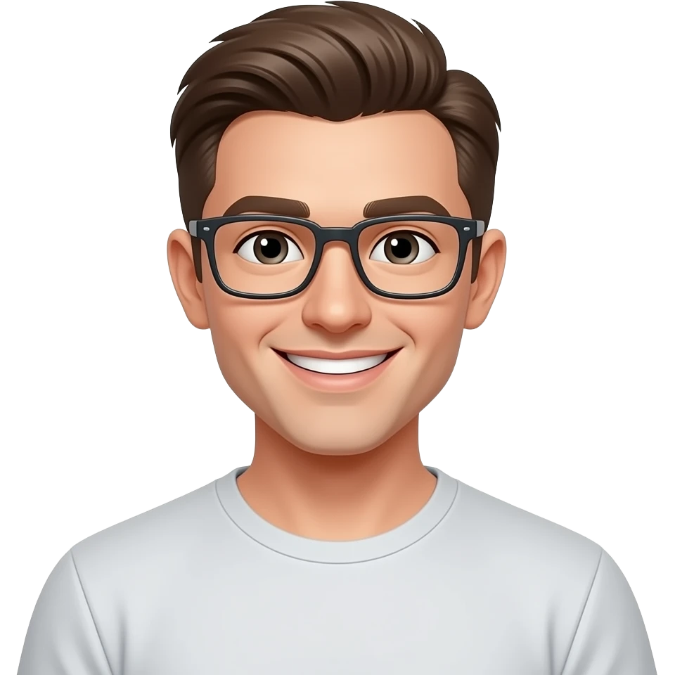 skinny man, with rectangle glasses, white skin, with modern all top hairstyle, nice smile, wearing tshirt, emoji