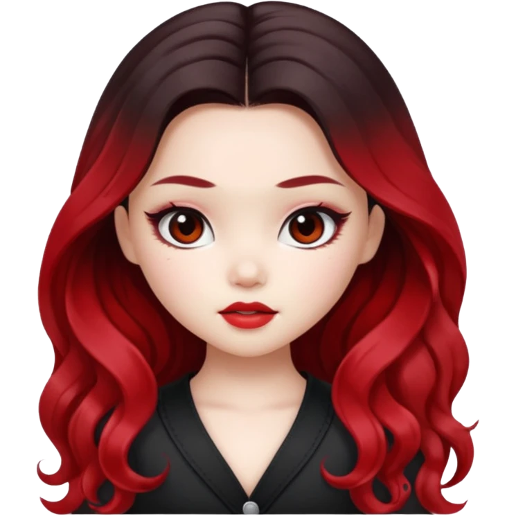 black ombre to red long wavy hair, pretty bratz baddie, pale skin, dark brown eyes, asian pretty bratz baddie emoji