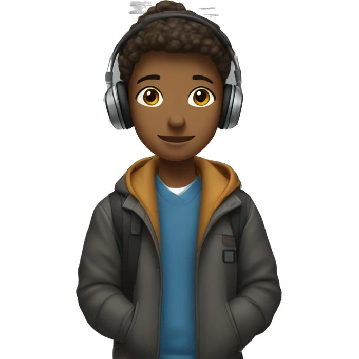 student standing by locker with wireless headphones, winter coat, and cell phone emoji