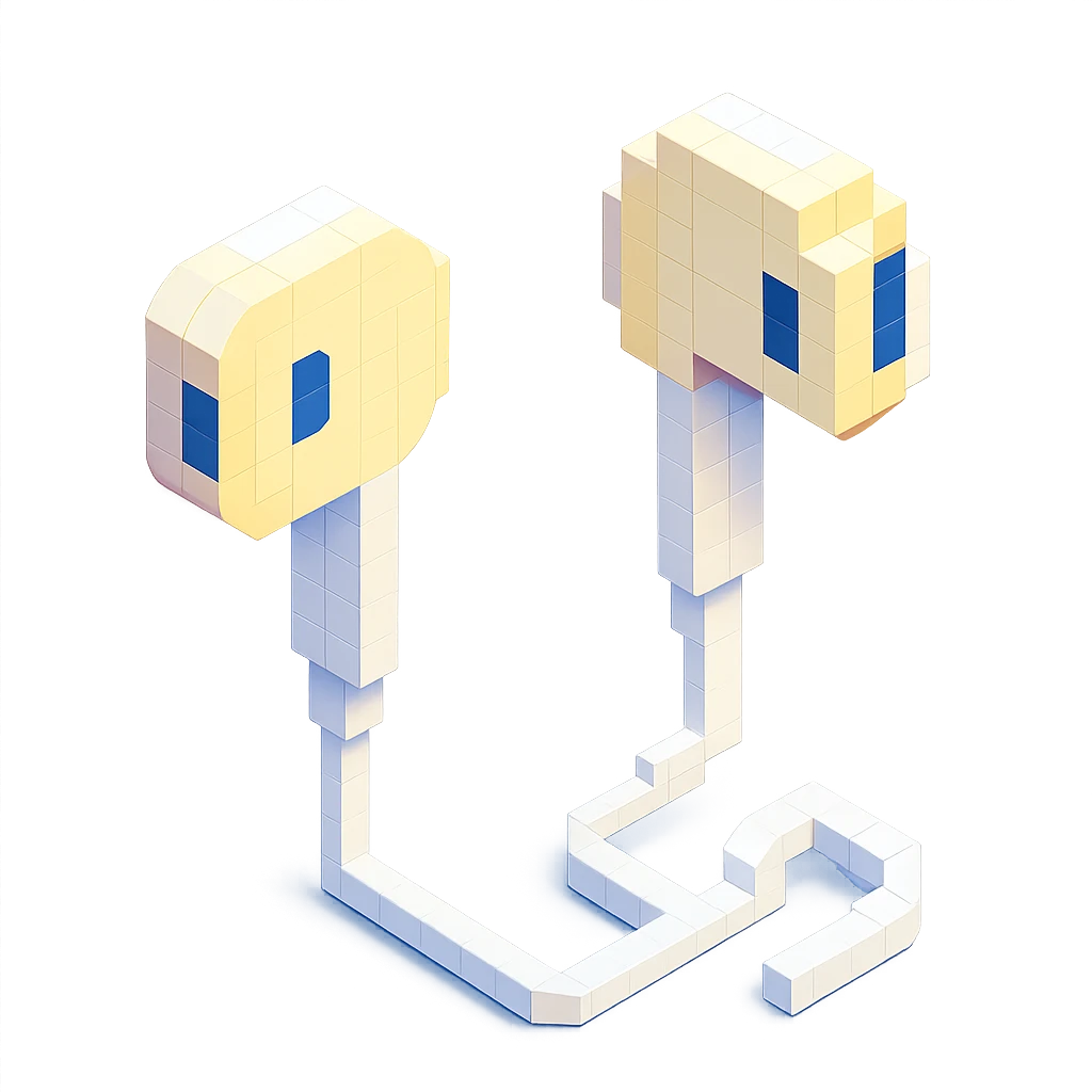 white Apple EarPods, isometric view, voxel style emoji