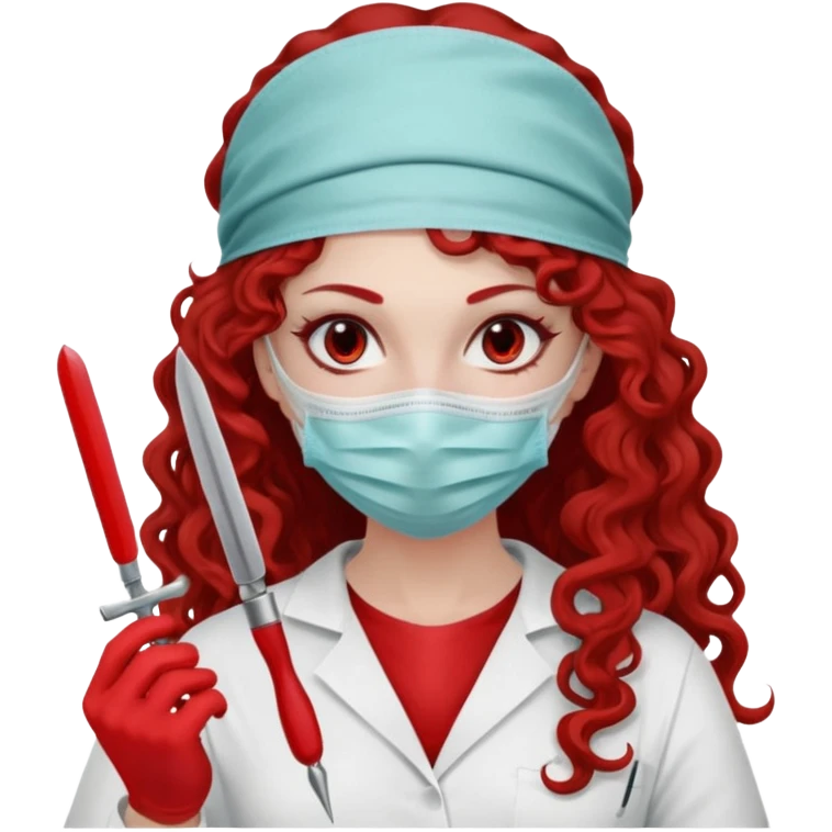 Lilith symbol seductress long curly hair evil surgeon.  brown hair. Red surgical mask and hair covering. She works for cartel and kills  with a scalpel. emoji