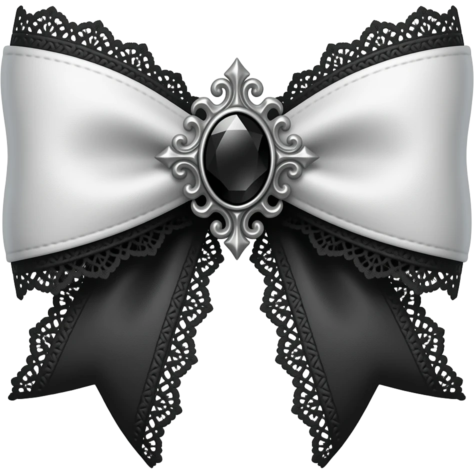 3D emoji gothic bow, white velvet, silver filigree, black gemstone, black lace trim emoji