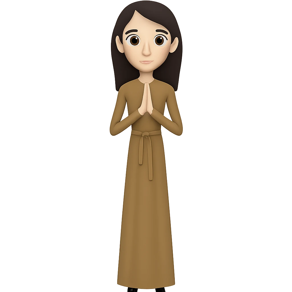 Make the woman very thin, standing and praying from the front view, wearing a long tan dress, with dark brown hair, in an emoji style. Remove the background. emoji