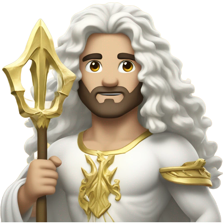 white Poseidon with gold Trident. long white hair white dress. with keys emoji