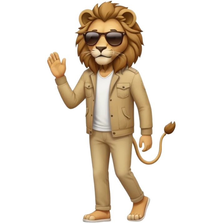anthropomorphised lion in casual clothes with sunglasses walking upright, relaxed pose emoji
