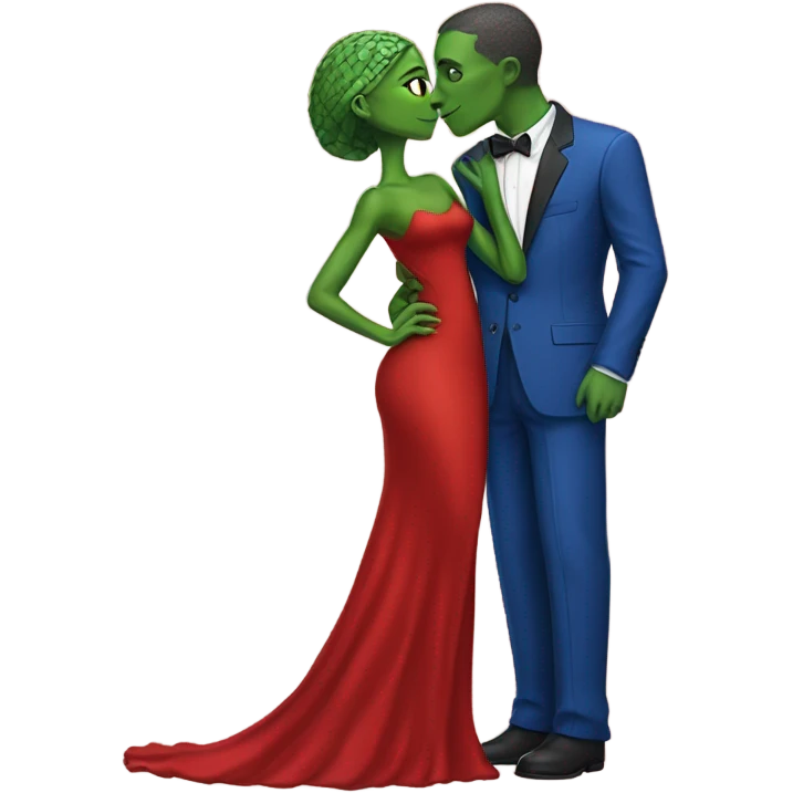 Beatiful tall green skin female reptilian in red dress, kissing white man in blue dress, full figure, full body emoji