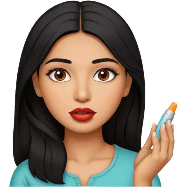A gorgeous indian with black hair women applying lipbalm on her brown lips emoji