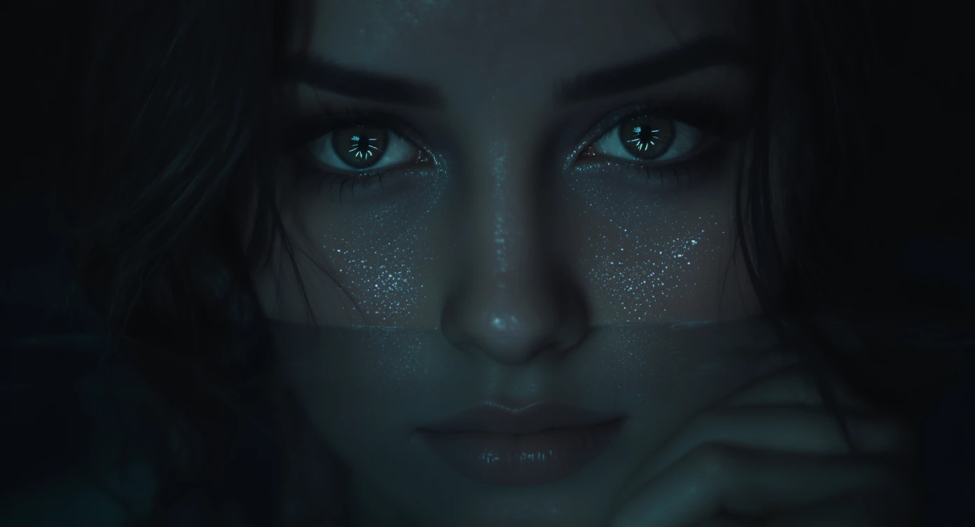 Extreme Closeup photo of a beautifull woman, water reflection on face, low key light, cinematic light, 8K, very detailed, sharp emoji