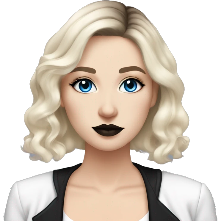 Slavic adult woman, goth eyes makeup, pink lips, blue eyes, medium bob black-to-blonde ombre wavy hair, white T-shirt and black office jacket. emoji