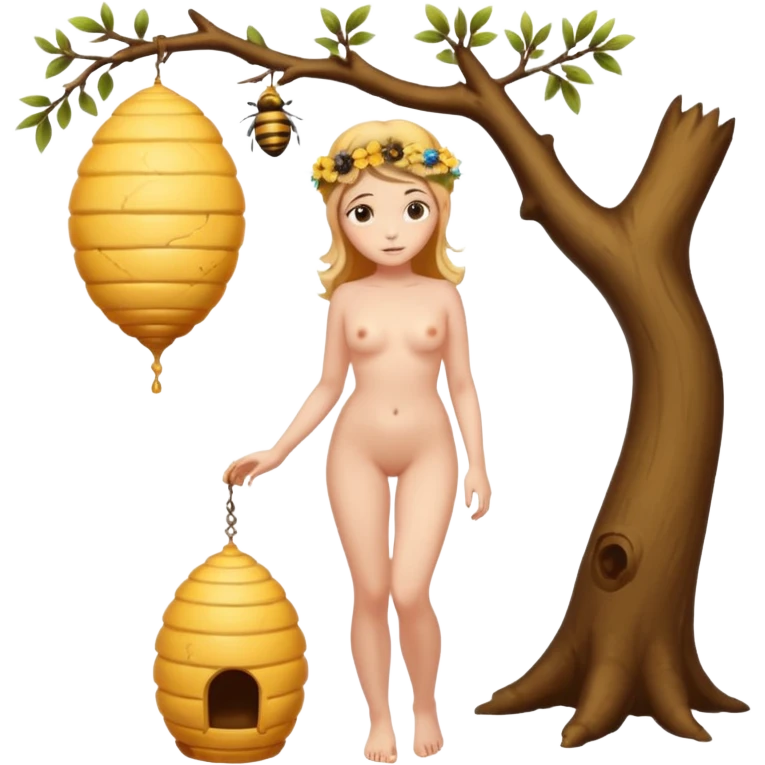 A full body naked women looking at a beehive hanging by a branch from a tree emoji