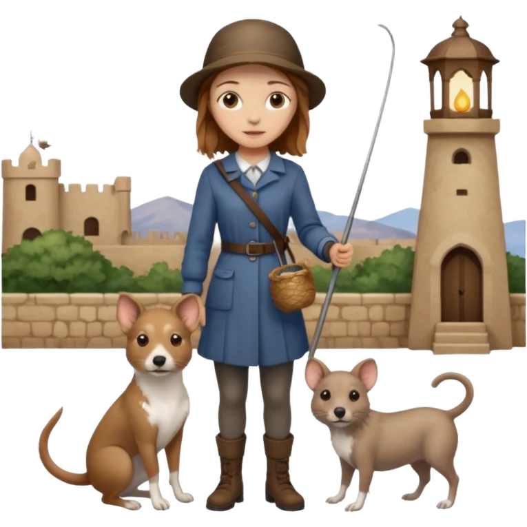 girl with brown eyes and light brown hair standing next to an Andalusian rat-catcher dog emoji